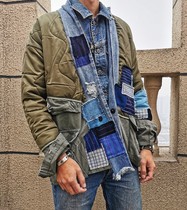 Independent Greg LAU style patchwork denim hole patch made old padded cardigan Japanese robe cotton jacket