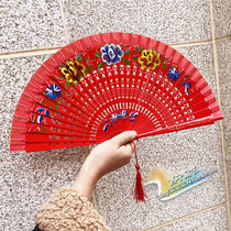 Red fan double-sided Spanish dance fan cheongsam show performance folding fan folding fan antique dance fan square dance
