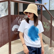 Tie-dyed T-shirt new handmade vintage plant dyed half-sleeve grass blue-dyed short-sleeved loose cotton summer mens and womens models