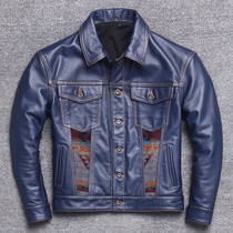 Blue Storm Head Layer Bull Peel Storm Rider Tooling Denim Jacket Men Short leather leather clothing Single-row buckle