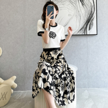 Fashion casual high waist thin chiffon two-piece set 2021 summer new printed cotton t-shirt set niche