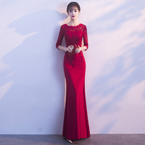 Toast dress bride 2021 new red wedding lace fishtail engagement back door dress female autumn and winter long section