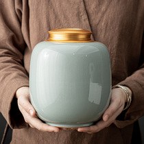 Tea jar ceramic large metal double cover sealing tank self-priming cover household moisture-proof Puer tea tank Go kiln open sheet