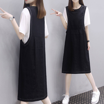 Plus size dress womens summer 2021 new loose thin cover belly contrast stitching fake two black skirts