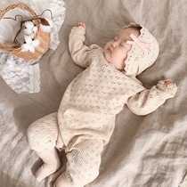  ins21 spring Korean baby Western style knitted hollow one-piece female baby lace long-sleeved climbing suit with hat