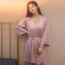 Pajamas female spring and summer sexy thin home clothes simulation silk morning robe ice silk sling nightgown loose nightgown two sets