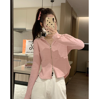 taobao agent Fuchsia hoody, summer summer clothing, short top with zipper, cardigan, Korean style, suitable for teen