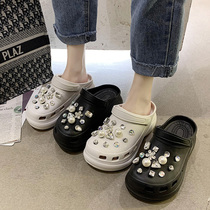 Japan GP hole hole shoes womens summer new thick-soled heightening Baotou slippers Pearl rhinestone muffin non-slip sandals