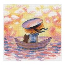 Cross stitch electronic drawings redrawn source file XSD Girl and cat watching sunset on a boat
