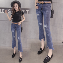 2021 Spring and Autumn new womens fur edge micro horn jeans slim stretch hole eight points ankle-length pants summer