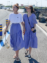 Lecea Alice plaid dress 2021 summer new irregular t-shirt striped skirt two-piece set