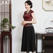Summer improved fashion short-sleeved cheongsam top Womens short Tang suit retro mom dress wedding dress large size