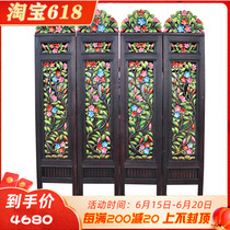 Thai Crafts Wood Carving Southeast Asian Customs Living Room Partition 4 Screen Foldable Solid Wood Hollowed-out Color Carved Flower Screen