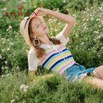 Not to be defined girl series) Chapo Weekend 22 Summer sweetness navy collar Coloured striped short-knit jersey