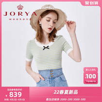 Zhuoja Weekend 2022 Summer New butterfly knot Round Collar Striking color Stripes with short sleeves Knitted Sweatshirt EJWCBR81