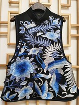Original ethnic style womens Su embroidery hand embroidery three blue flower waistcoat womens waistcoat Chinese style vintage horse clip