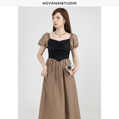 taobao agent Summer long skirt, dress, set, french style, with short sleeve