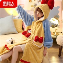2021 new pajamas gown womens autumn and winter long thick plus velvet coral velvet winter warm bathrobe nightgown