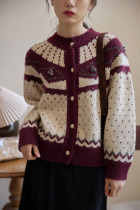 GOJO French retro Fair Island Knitting Christmas sweater coat womens round neck jacquard cardigan winter New