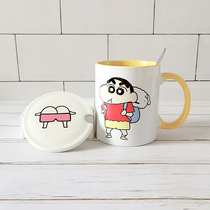 Homemade Crayon Shinchan mug creative cute cartoon drinking cup Ceramic cup girls  Day gift with lid spoon
