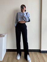 Black casual suit pants 2021 spring and autumn fat mm high waist thin hanging Lady trousers open fork wide leg mopping pants