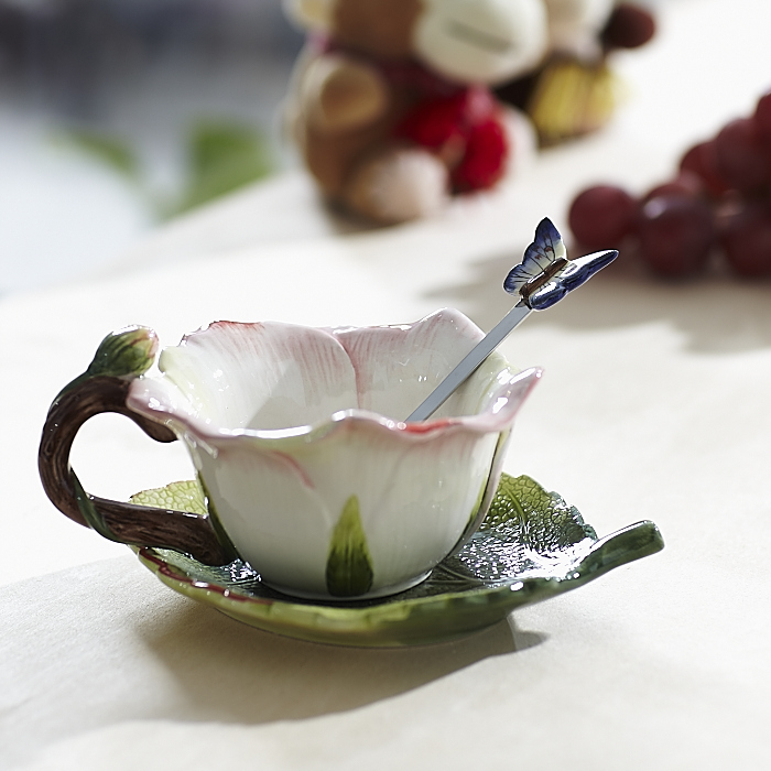 Pink Rose Cup, Ceramic Cup, Creative Tea Cup Set, Coffee Cup, Flower and Grass Teaware, Cute Marriage Cup, Saucer and Spoon Combination