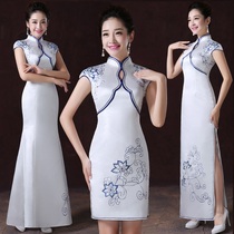 Hostess clothing Blue and white porcelain cheongsam dress catwalk performance embroidery welcome fashion large size improvement Chinese style