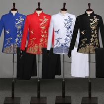 New chorus performance clothing mens blue and white porcelain chorus suit Chinese style mountain suit singer host suit