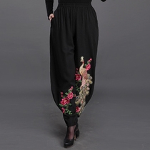 Mid-aged womens clothing spring and autumn big code female pants peacock embroidered pants mom loaded with long pants loose light cage pants woman