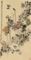 Art micro-spray Wang Zhen Yicou fence side Group bird 30x57cm