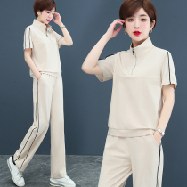Short Sleeve Casual Sports Suit Womens Summer 2022 New Middle Aged Mom Slimless Wear Thin Sports Suit Two Sets