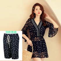 2021 new couple swimsuit split flat angle steel bracket gathered thin cover belly conservative with sleeves holiday swimsuit women