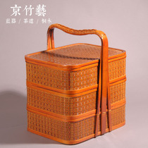 Three-storey bamboo delivery basket hotel takeaway portable gift basket food box worship ancestor sacrifice picnic basket
