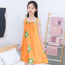 Girls  thin night dress Mid-size childrens summer pajamas Girls Parent-child baby cotton silk skirt Childrens suspender dress
