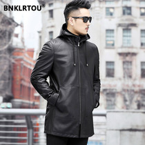2020 new first layer cowhide leather clothing mens medium and long hooded Haining leather windbreaker mens casual leather jacket