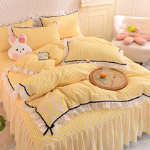 Plaid beautiful yellow cotton bed skirt four-piece cotton princess style sheets quilt cover girl heart with bedspread