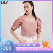 (Shopping mall with the same)LILY2021 summer new womens three-dimensional sleeve type retro square collar short pullover