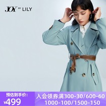 LILY2021 spring new womens fashion contrast belt double breasted temperament blue large lapel long windbreaker