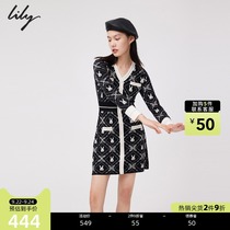 LILY2021 winter new womens vintage jacquard temperament V-neck slim slim black long sleeve knitted dress