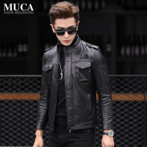 Autumn and winter leather jacket leather men's fashion handsome motorcycle clothing short sheepskin coat with velvet padded soft
