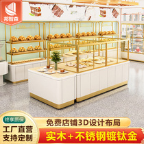 Bread display cabinet Middle Island side cabinet cake shop model cabinet curved glass stainless steel titanium plated pastry display counter