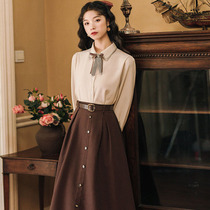 Gentle wind 2021 Autumn New style art fan retro long sleeve coat college high waist long skirt set