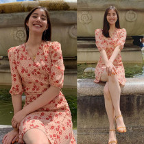 2021 summer new wood yuko with the same hyuna wind floral dress Japanese slim printing chiffon skirt for women