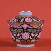 Yizhentang black ground pastels gold stalks Lotus two talents small Cover bowl 110ML (Hua Yixuan)