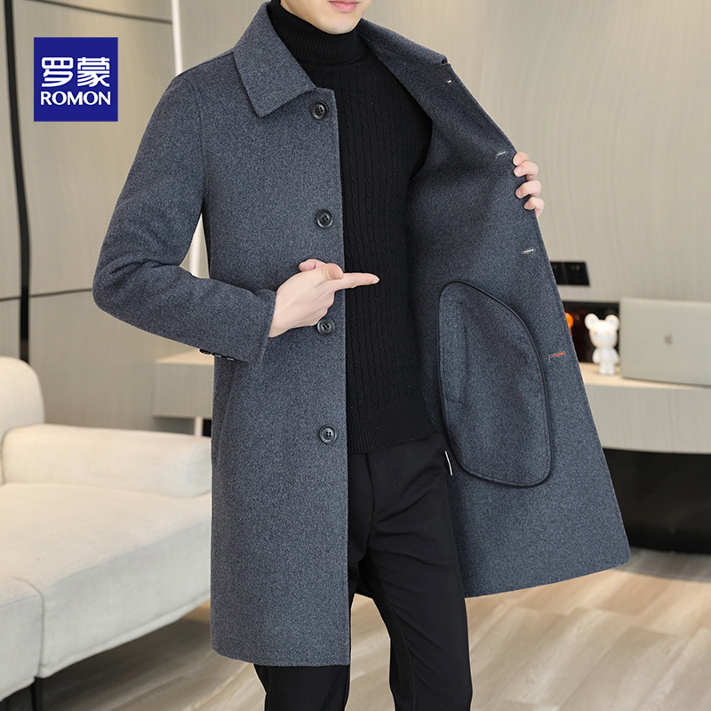 Romon 2023 Autumn/Winter New Handmade Double-sided Wool Coat for Men's Long Polo Collar Casual Wool Coat for Men