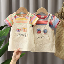 Girls Dress Childrens short-sleeved summer dress new foreign style little girl fake two pure cotton princess skirt 0-3 years old 1