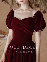 Oli home Vintage Dinner long dress women velvet 2021 bridal dress toast wedding back door bubble sleeve red small