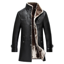 Leather jacket mens mid-length sheepskin windbreaker with velvet and thickened fur integrated with fertilizer and enlarged leather jacket for fat man