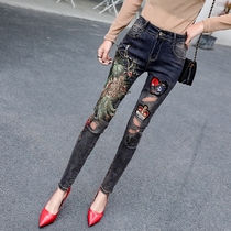 European station jeans womens 2021 spring and autumn new embroidered phoenix high-waisted western style tight skinny pants