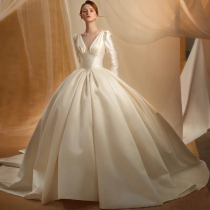 2021 new bride French long sleeve satin wedding dress Premium V collar retro plus size main yarn simple trailing backless